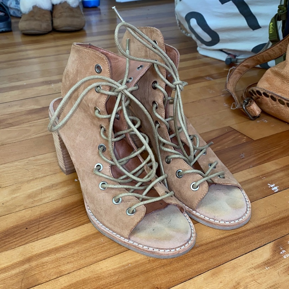 Jeffrey Campbell Tan Suede Lace-Up Peep-Toe Heels
